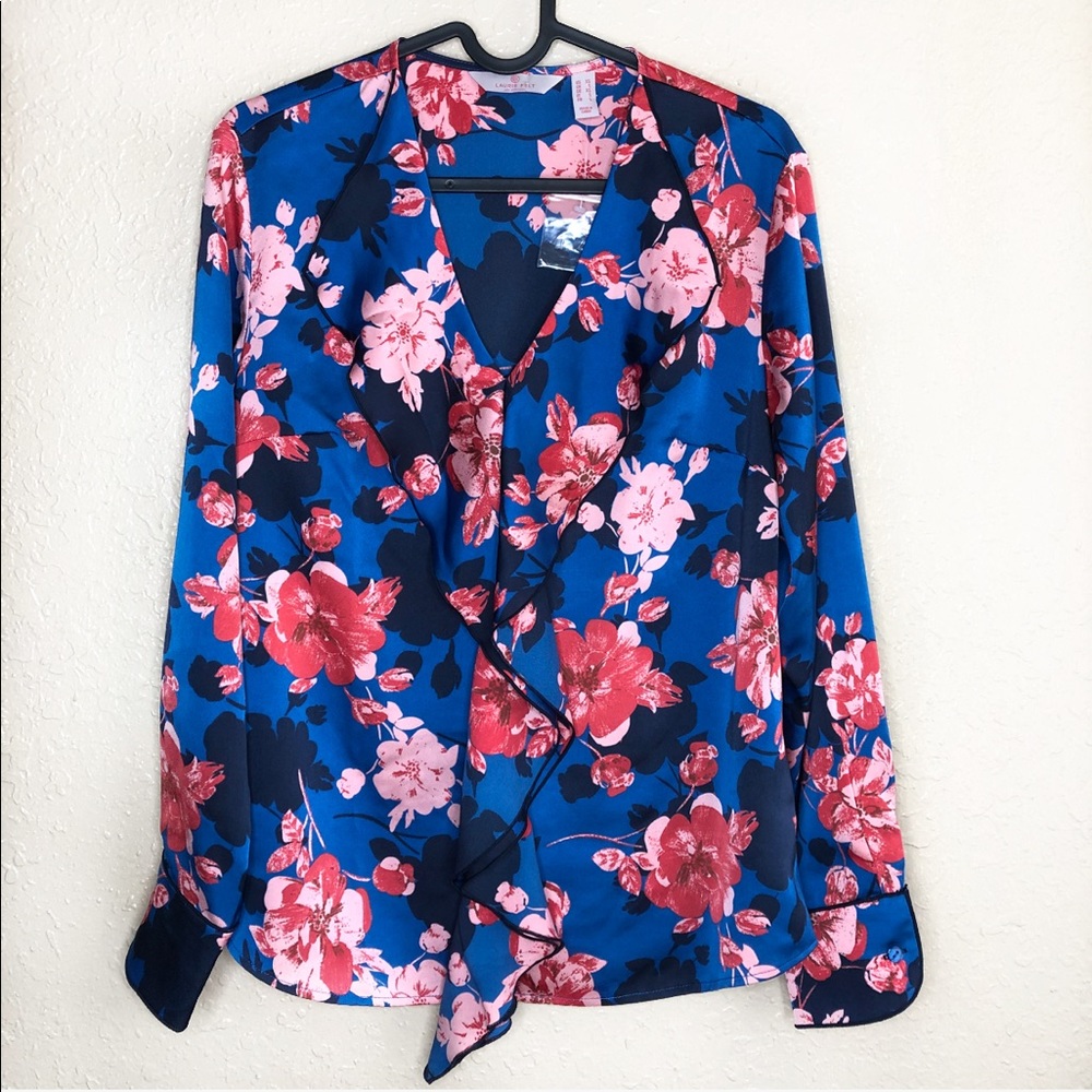 NWOT Laurie Felt Blue Floral Ruffle Blouse